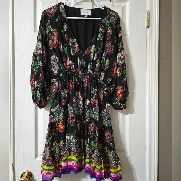 ALEXIS Holli Tapestry Print Mini Dress, Boho Peasant Dress w/Tassle Ties, EUC! - Picture 2 of 16